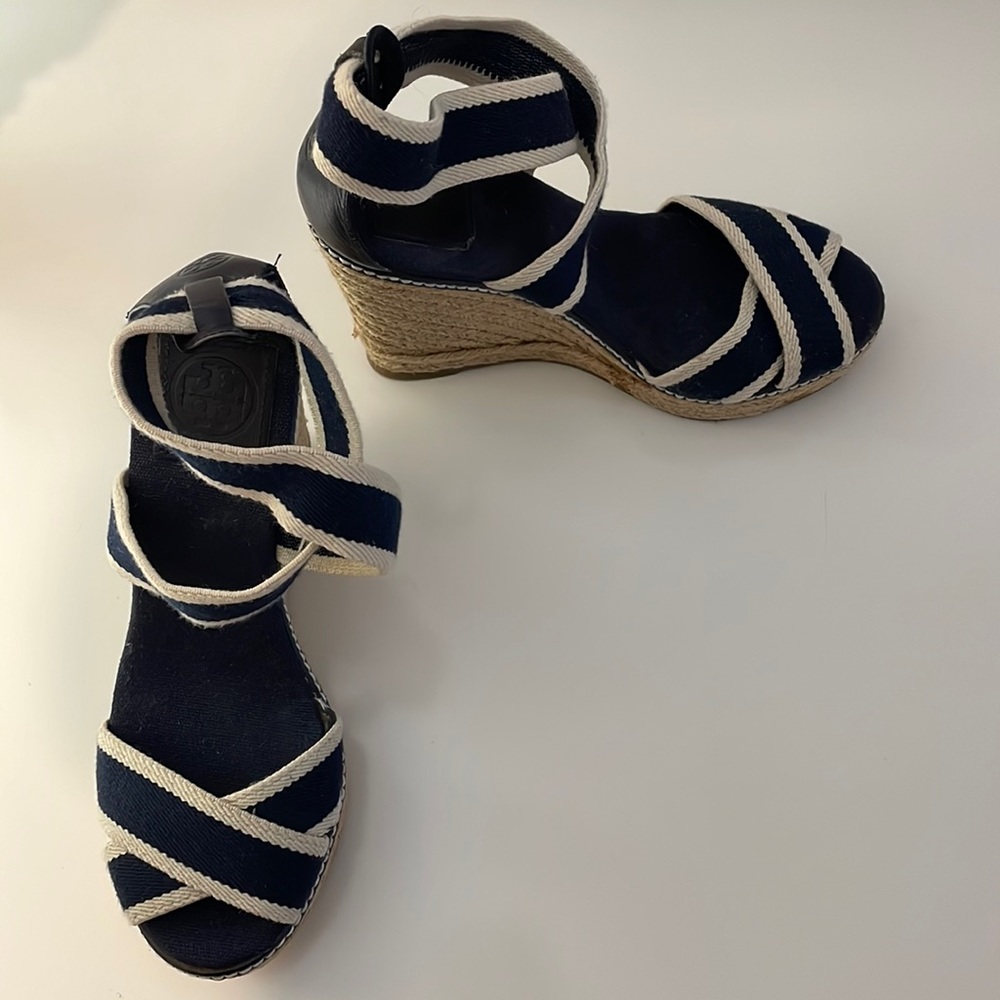 Tory Burch Adonis Espadrille Wedge Sandals Navy & Cream Elastic & Leather Size 8